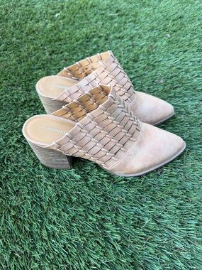 Report Woven Suede Tan Mule Heels